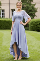 Laden Sie das Bild in den Galerie-Viewer, Grau Blau Chiffon Appliziertes Hoch Niedrig Mutter der Braut Kleid mit kurzen Ärmeln