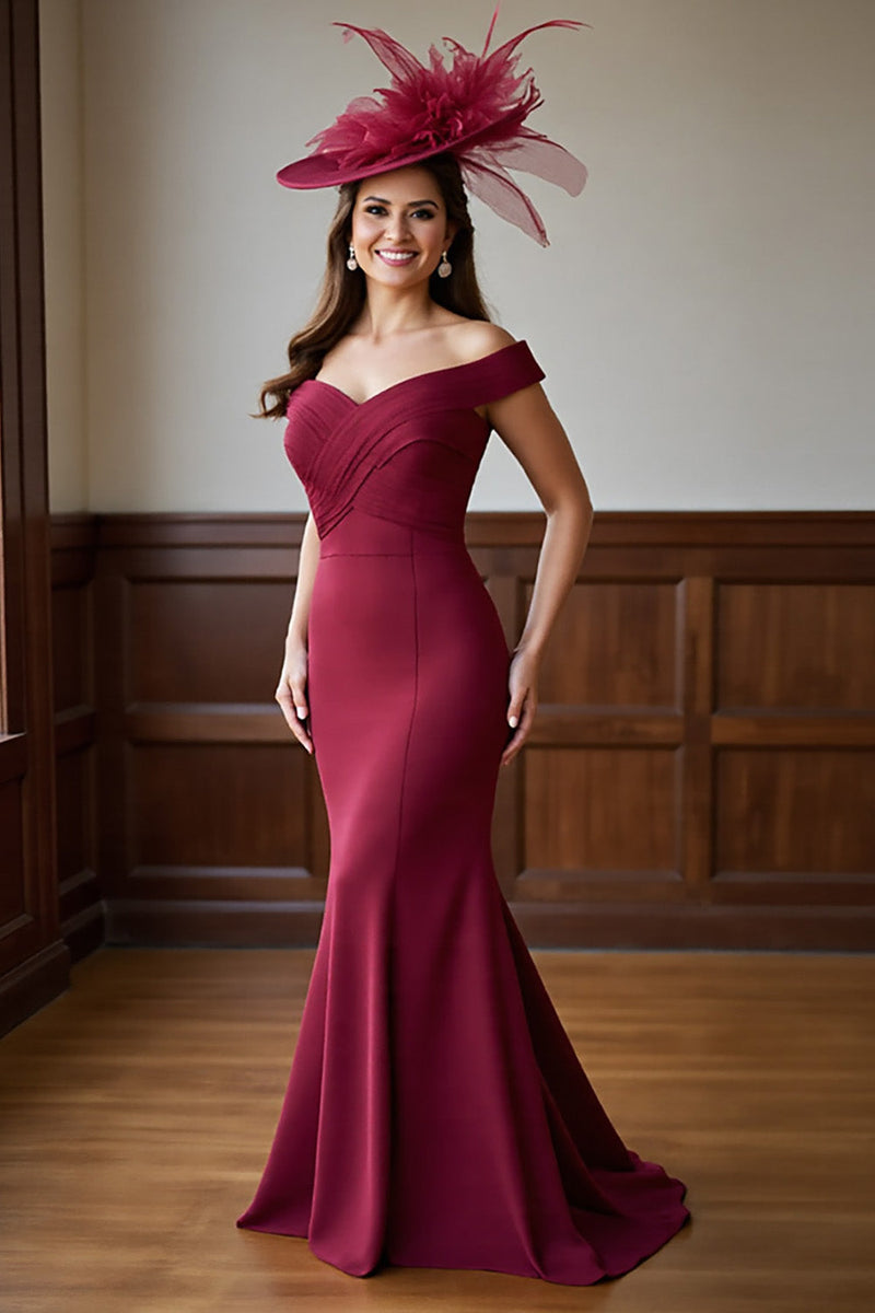 Laden Sie das Bild in den Galerie-Viewer, Burgunderrotes Meerjungfrauen Schulterfreies Kleid für die Brautmutter