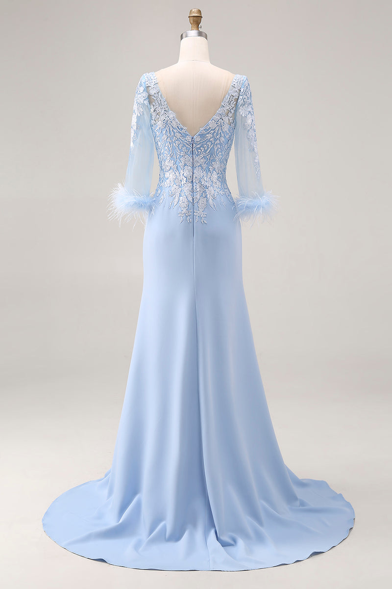 Laden Sie das Bild in den Galerie-Viewer, Himmelblaues Meerjungfrauen Brautmutter Kleid mit Applikationen