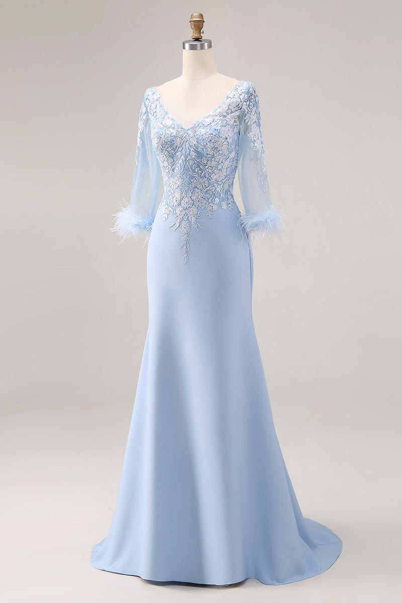 Laden Sie das Bild in den Galerie-Viewer, Himmelblaues V-Ausschnitt Meerjungfrau Mutter der Braut Kleid mit Ärmeln