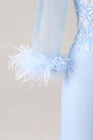 Laden Sie das Bild in den Galerie-Viewer, Himmelblaues V-Ausschnitt Meerjungfrau Mutter der Braut Kleid mit Ärmeln