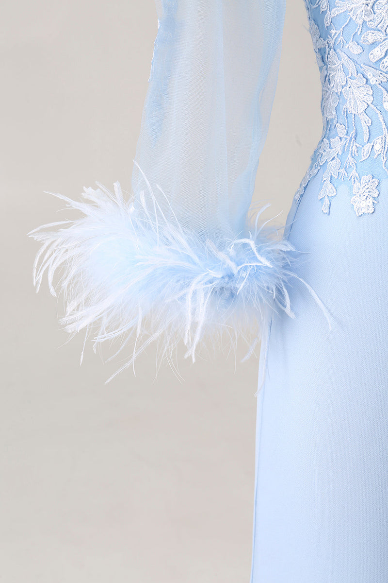 Laden Sie das Bild in den Galerie-Viewer, Himmelblaues V-Ausschnitt Meerjungfrau Mutter der Braut Kleid mit Ärmeln