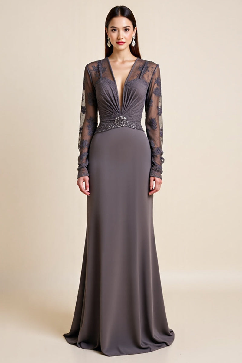 Laden Sie das Bild in den Galerie-Viewer, Langärmeliges Stahlgraues Perlenbesetztes Kleid für die Brautmutter