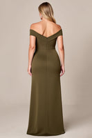 Laden Sie das Bild in den Galerie-Viewer, Schulterfreies Olive Langes Plus-Size Kleid für die Brautmutter mit Schlitz