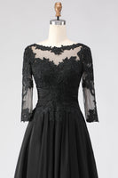 Laden Sie das Bild in den Galerie-Viewer, Schwarzes A-Linie Teelänge 3/4-ärmeliges Mutter der Braut Kleid mit Applikationen