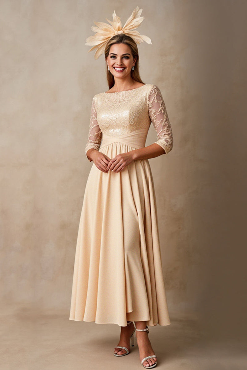 Laden Sie das Bild in den Galerie-Viewer, Chiffon A Linie Applikation Champagner Mutter der Braut Kleid mit 3/4 Ärmeln