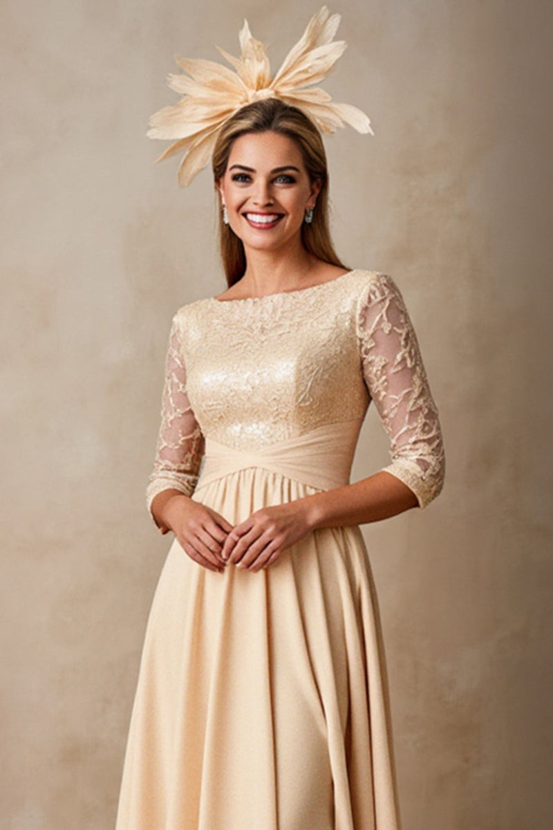 Laden Sie das Bild in den Galerie-Viewer, Chiffon A Linie Applikation Champagner Mutter der Braut Kleid mit 3/4 Ärmeln