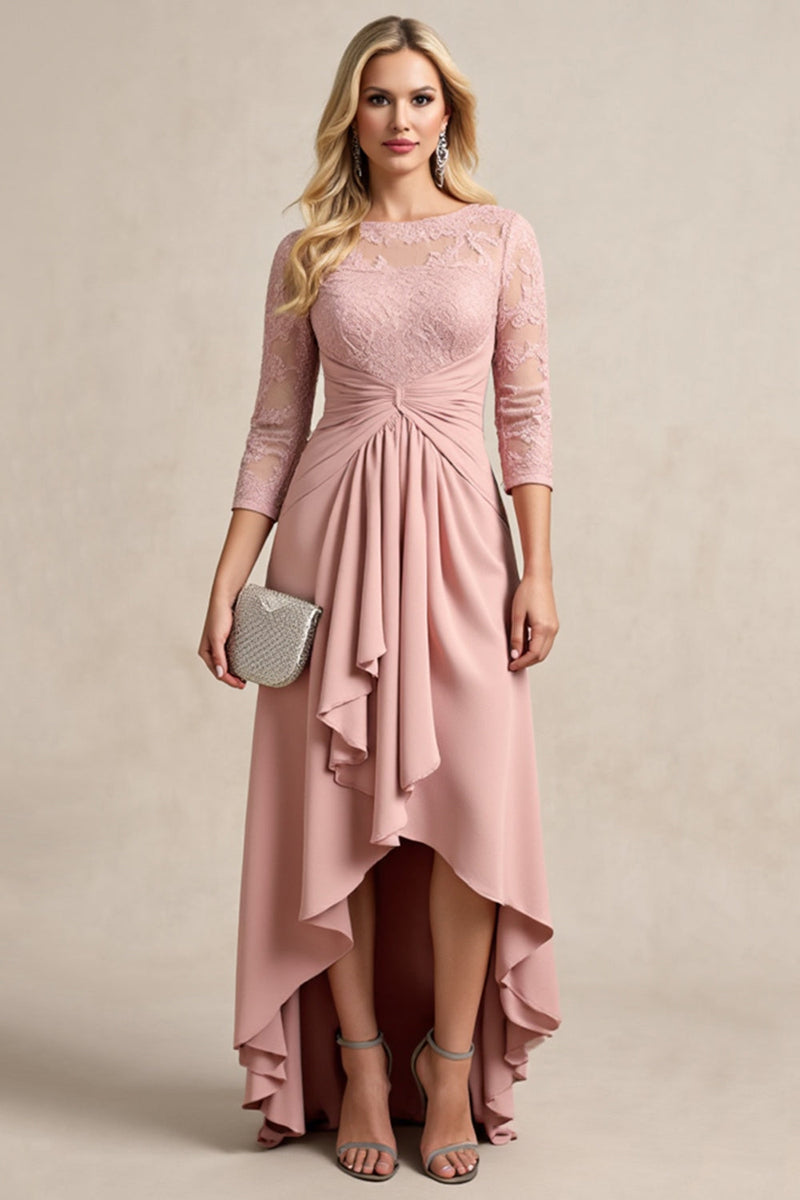 Laden Sie das Bild in den Galerie-Viewer, Blush Hoch Niedrig Chiffon Gerafftes Kleid für die Brautmutter mit Spitzenapplikationen