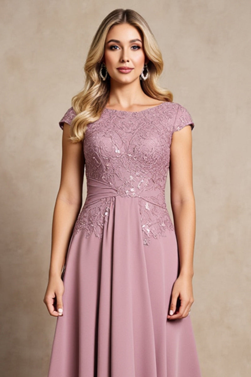 Laden Sie das Bild in den Galerie-Viewer, Vintage Malve A-Linie Chiffon Kleid für die Mutter der Braut mit Applikation