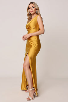Goldenes Brautjungfernkleid aus Satin mit einer Schulter
