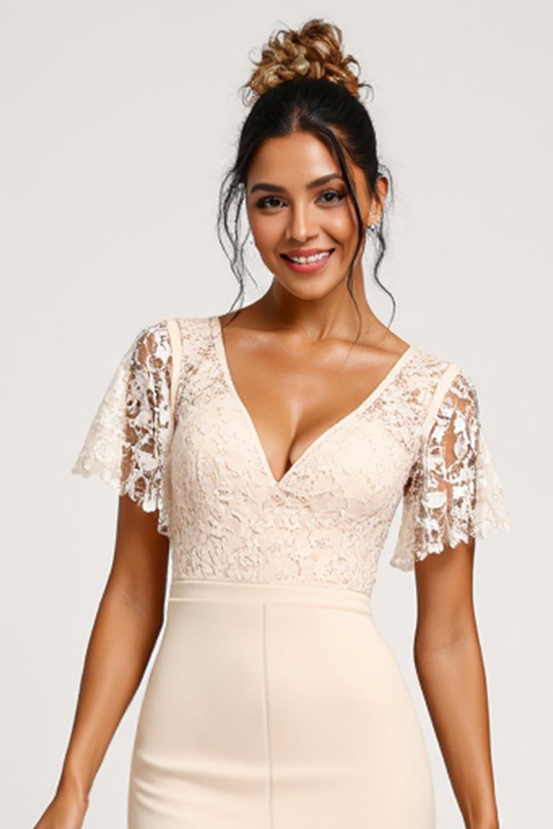 Laden Sie das Bild in den Galerie-Viewer, Aprikose V-Ausschnitt Chiffon Spitze Brautjungfern Jumpsuit