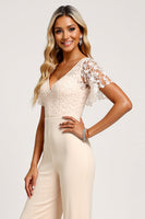 Laden Sie das Bild in den Galerie-Viewer, Aprikose V-Ausschnitt Chiffon Spitze Brautjungfern Jumpsuit