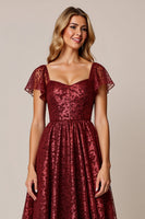 Laden Sie das Bild in den Galerie-Viewer, Cabernet A-Linie Kleid für Hochzeitsgäste mit kurzen Ärmeln