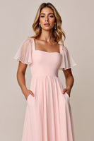 Laden Sie das Bild in den Galerie-Viewer, Bonbonrosa A Linie Chiffon Brautjungfernkleid mit quadratischem Ausschnitt