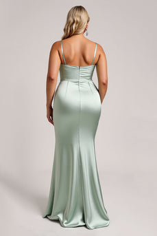 Salbeigrünes Plus Size Satin Langes Brautjungfernkleid mit Schlitz