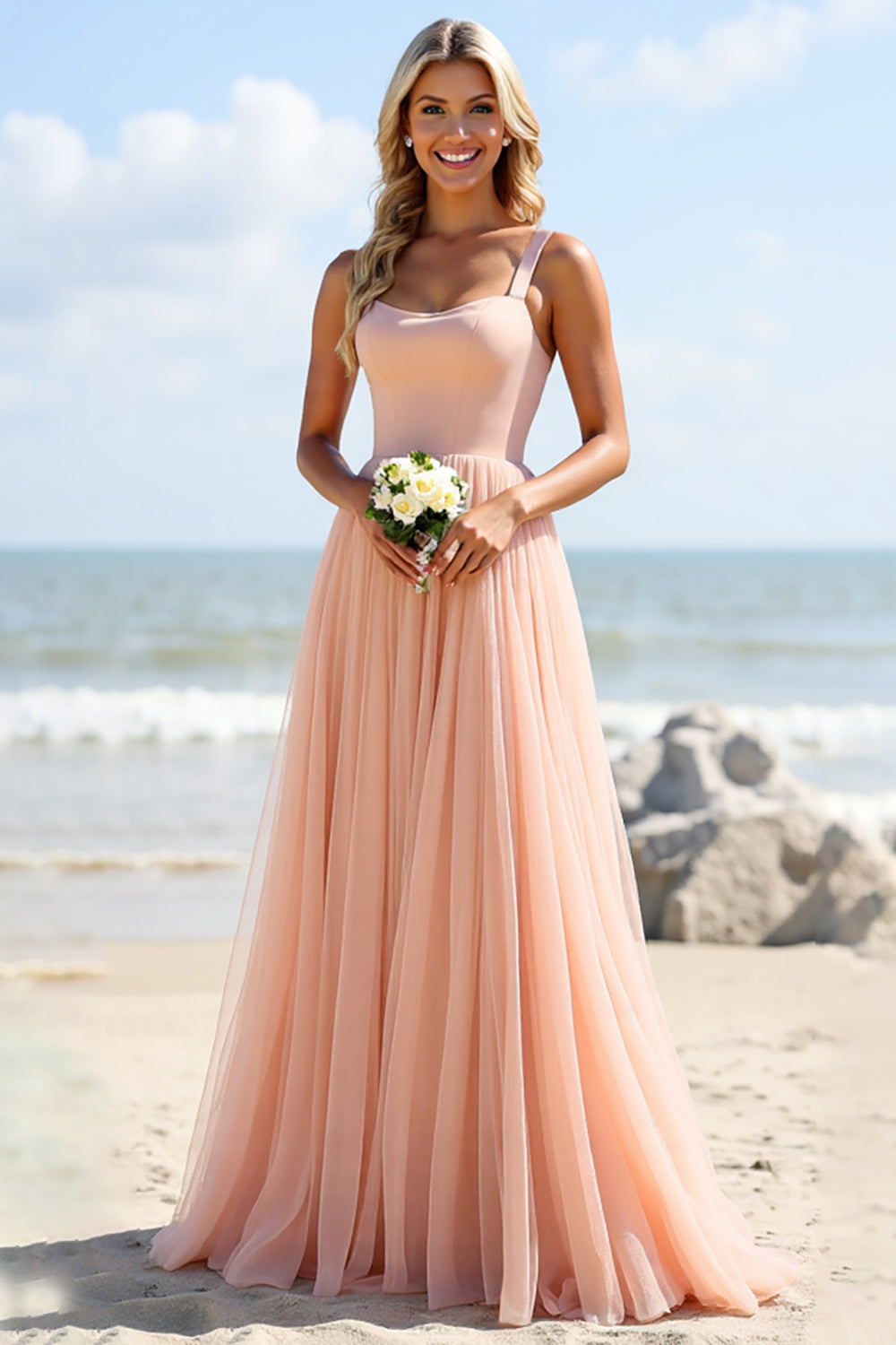 Blush Langes Brautjungfernkleid aus Chiffon in A-Linie