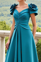 Laden Sie das Bild in den Galerie-Viewer, Blaues A-Linie Gerafftes Langes Brautmutterkleid mit 3D-Blumen