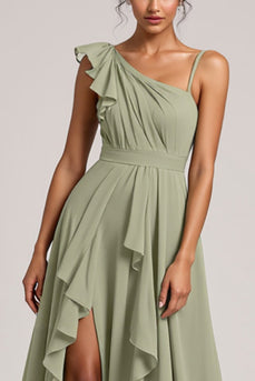 Dusty Sage Brautjungfernkleid aus Chiffon mit Rüschen