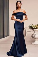 Laden Sie das Bild in den Galerie-Viewer, Marineblaues Schulterfreies Meerjungfrauen Abendkleid