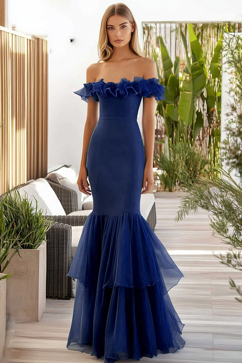 Laden Sie das Bild in den Galerie-Viewer, Mermaid Schulterfreies Marineblaues Ballkleid