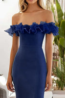 Laden Sie das Bild in den Galerie-Viewer, Mermaid Schulterfreies Marineblaues Ballkleid
