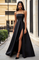 Laden Sie das Bild in den Galerie-Viewer, A Linie Schwarzes Satin Ballkleid mit Schlitz