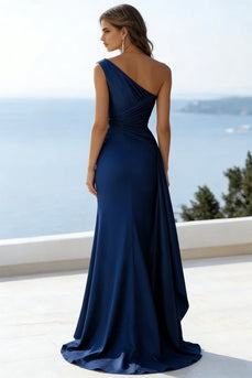 Ein Schulter Meerjungfrau Marineblaues Abbendkleid mit Rüschen