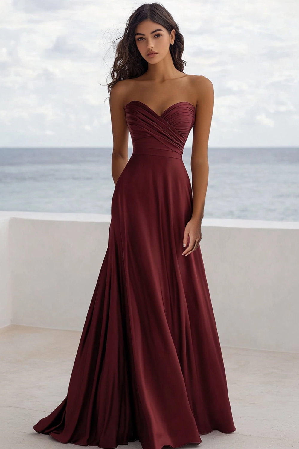 Trägerloses Burgundy Abendkleid in A-Linie mit Rüschen