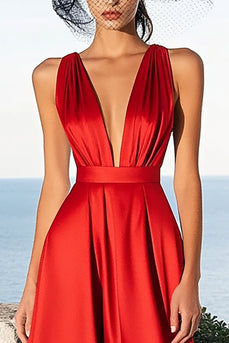 Rotes Satin Abendkleid mit V-Ausschnitt in A-Linie
