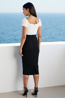 Laden Sie das Bild in den Galerie-Viewer, Elfenbein und Schwarzes Figurbetontes Arbeitskleid aus Satin in Teelänge mit Schlitz