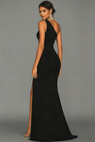 Laden Sie das Bild in den Galerie-Viewer, Meerjungfrau Schwarzes formelles One-Shoulder-Kleid mit Schlitz