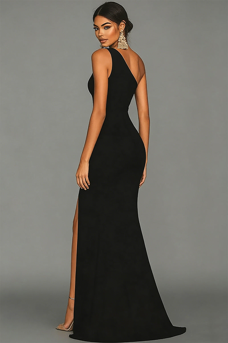 Laden Sie das Bild in den Galerie-Viewer, Meerjungfrau Schwarzes formelles One-Shoulder-Kleid mit Schlitz