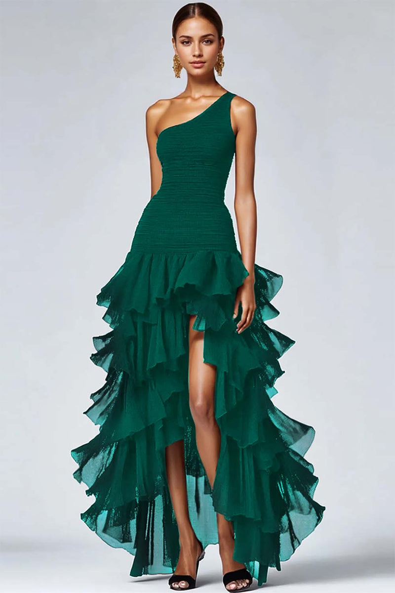 Laden Sie das Bild in den Galerie-Viewer, Schwarzes formelles Kleid mit einer Schulter und einer gerüschten A-Linie mit Schlitz