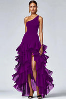 Laden Sie das Bild in den Galerie-Viewer, Schwarzes formelles Kleid mit einer Schulter und einer gerüschten A-Linie mit Schlitz