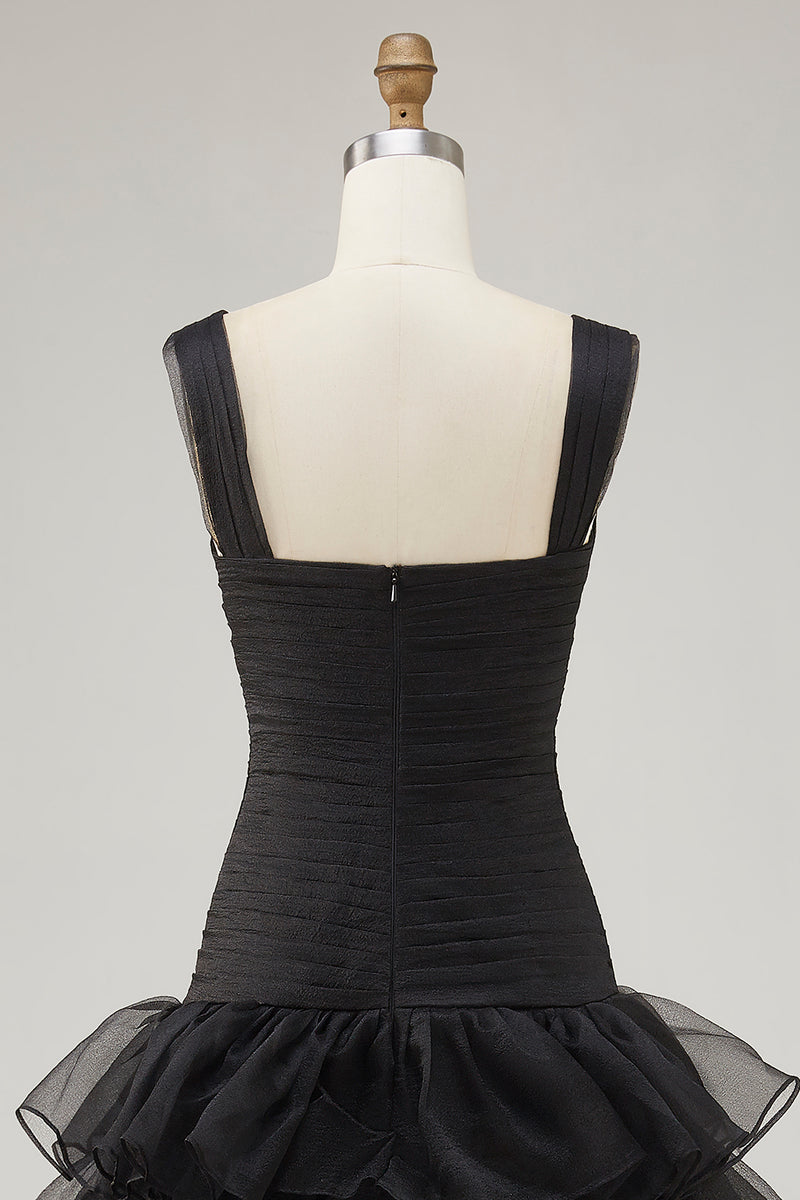 Laden Sie das Bild in den Galerie-Viewer, Schwarzes Hoch Niedrig Organza Abendkleid mit Rüschen