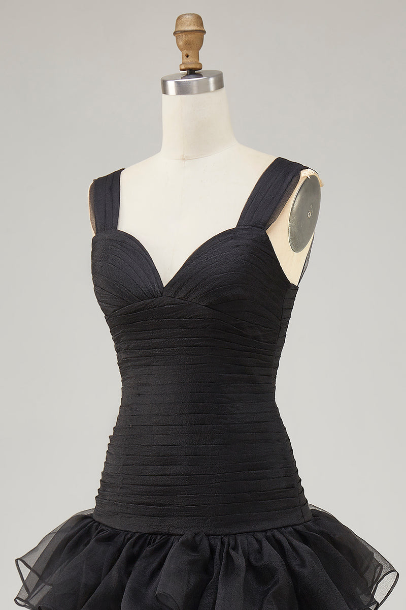 Laden Sie das Bild in den Galerie-Viewer, Schwarzes Hoch Niedrig Organza Abendkleid mit Rüschen