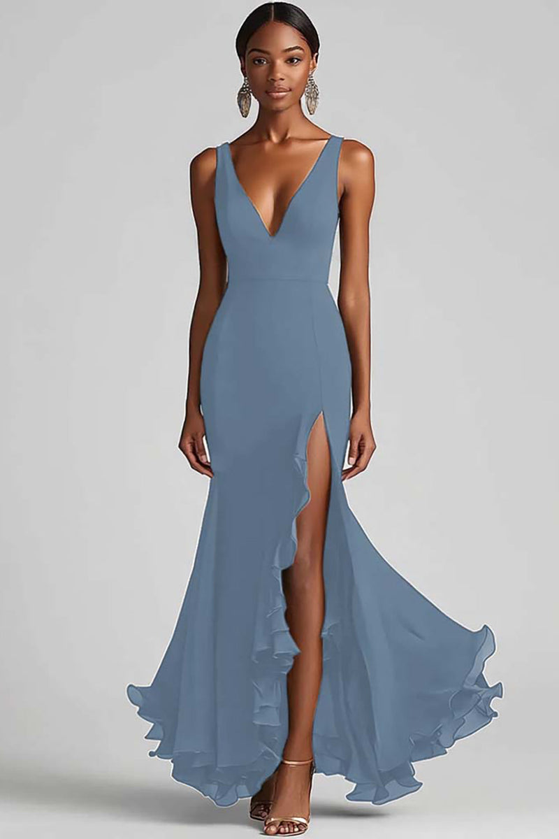 Laden Sie das Bild in den Galerie-Viewer, Schwarzes Meerjungfrauenkleid mit V-Ausschnitt und Rüschen und Schlitz