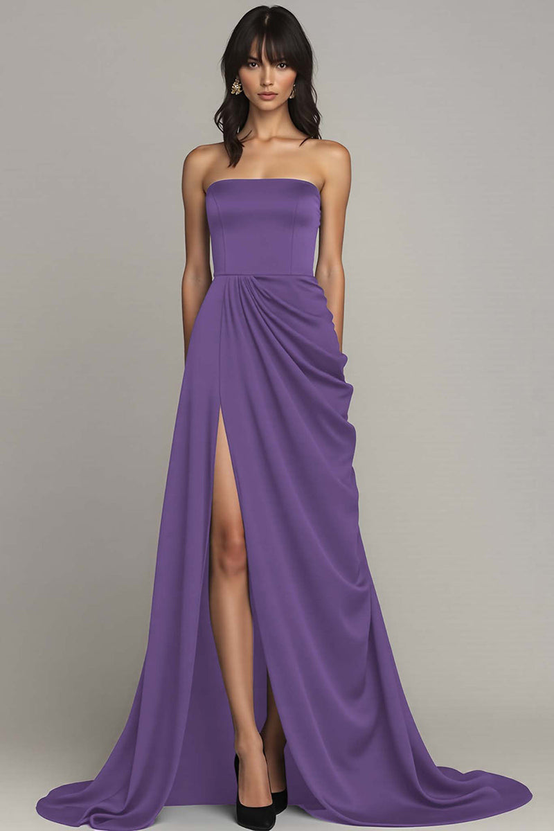 Laden Sie das Bild in den Galerie-Viewer, Schwarzes Trägerloses Langes A-Linie Abendkleid mit Rüschen und Schlitz