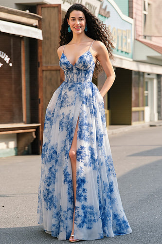 Weißes Blaues Blumen Korsett A-Linie Ballkleid mit Schlitz