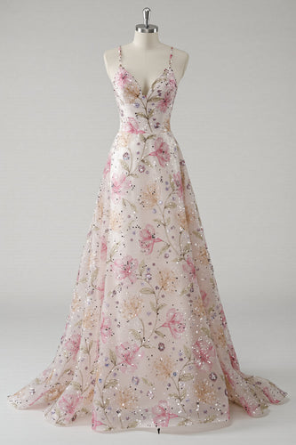 Rosa A-Linie Spaghettiträger Geblümtes Ballkleid mit Pailletten