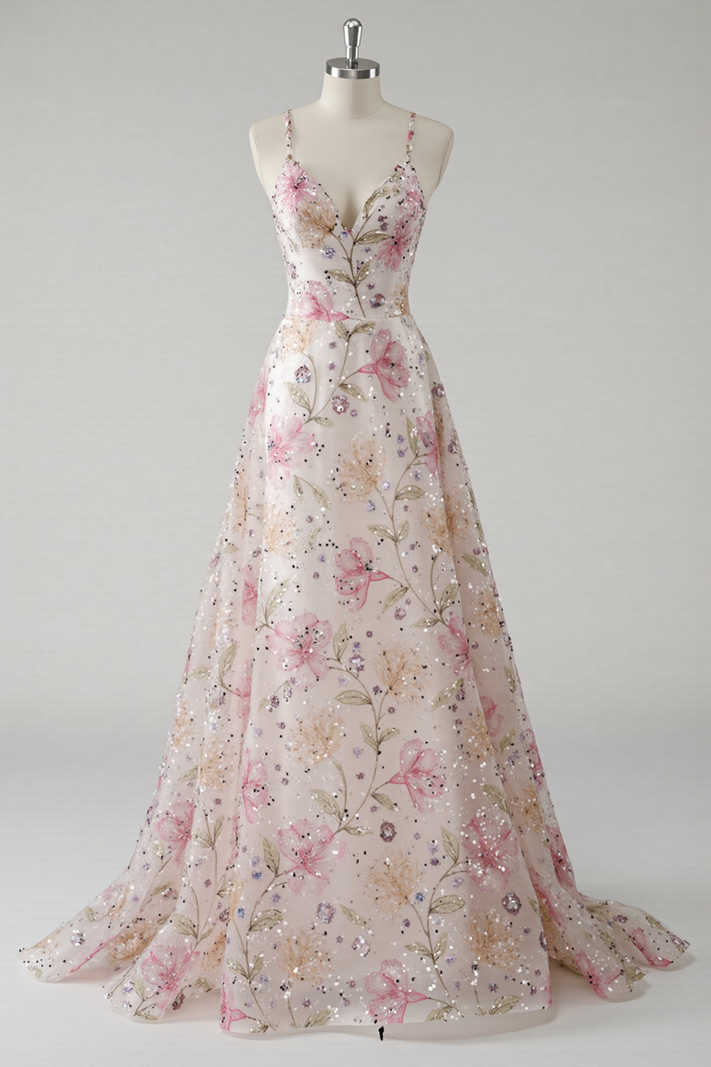 Rosa A-Linie Spaghettiträger Geblümtes Ballkleid mit Pailletten