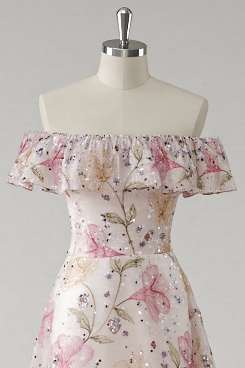 Laden Sie das Bild in den Galerie-Viewer, Schulterfreies Rosa Geblümtes Ballkleid mit Pailletten