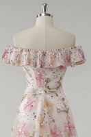 Laden Sie das Bild in den Galerie-Viewer, Schulterfreies Rosa Geblümtes Ballkleid mit Pailletten