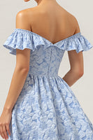 Laden Sie das Bild in den Galerie-Viewer, Blaues Geblümtes Schulterfreies Brautjungfernkleid in A-Linie