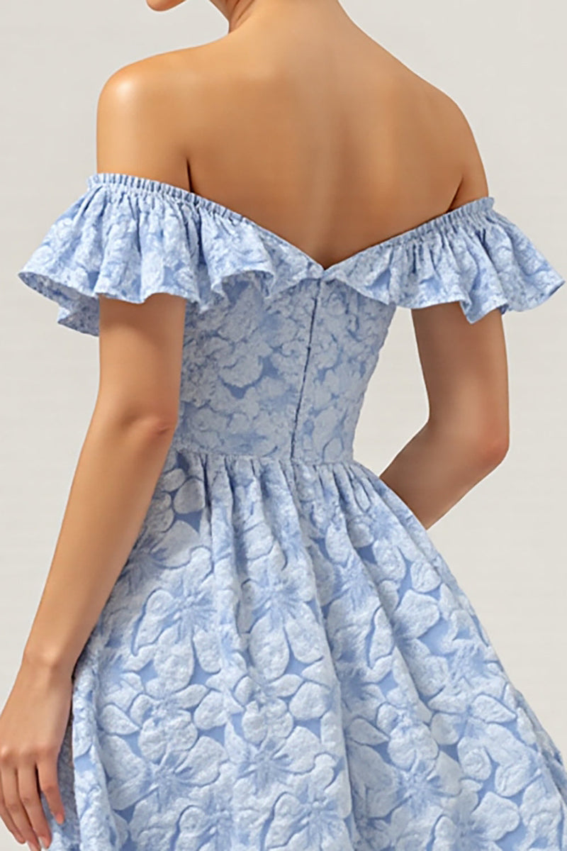 Laden Sie das Bild in den Galerie-Viewer, Blaues Geblümtes Schulterfreies Brautjungfernkleid in A-Linie