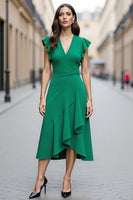 Laden Sie das Bild in den Galerie-Viewer, A Linie Grünes Midikleid mit Rüschen und V-Ausschnitt