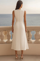 Laden Sie das Bild in den Galerie-Viewer, Elfenbein Midi Satin Arbeitskleid mit Revers und Schlitz