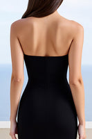 Laden Sie das Bild in den Galerie-Viewer, Schwarzes Satin Meerjungfrauen Trägerloses Langes Ballkleid mit Schlitz