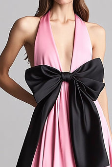 Rosa Satin Neckholder A Linie Langes Abendkleid mit Schleife