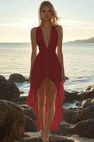 Laden Sie das Bild in den Galerie-Viewer, Elfenbein Chiffon High-Low V-Ausschnitt A-Linien Boho Kleid